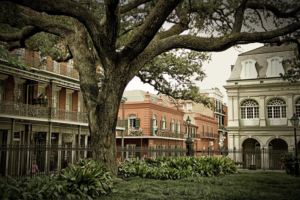 New Orleans home architecture and a gated green space.