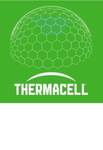 White vector graphic of dome showing Thermacell coverage on green background. 